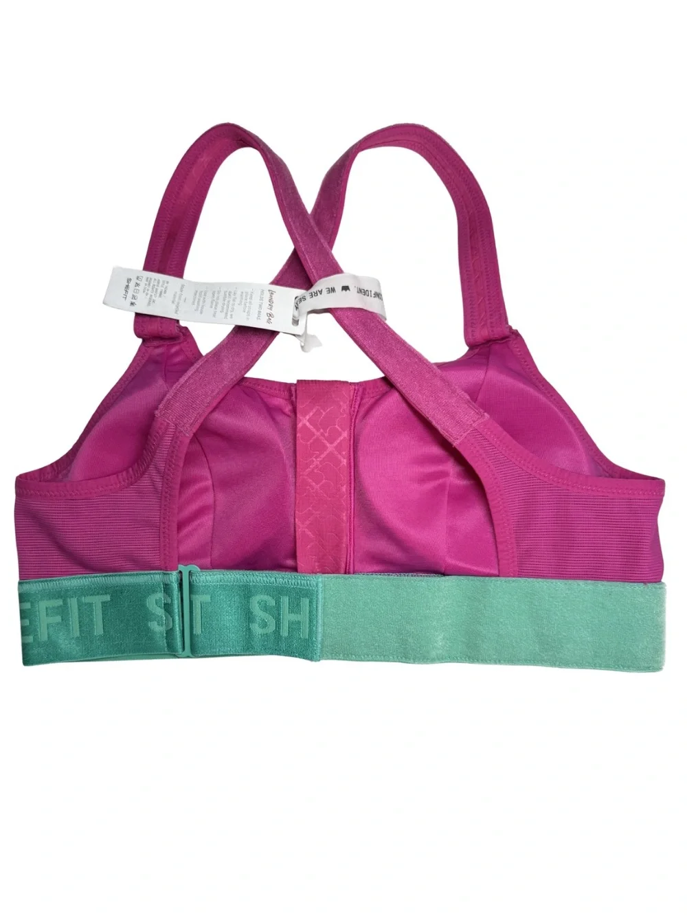 SHEFIT Bright Pink Sports Bra Teal Band S zip front new workout comfort support - Picture 2 of 9